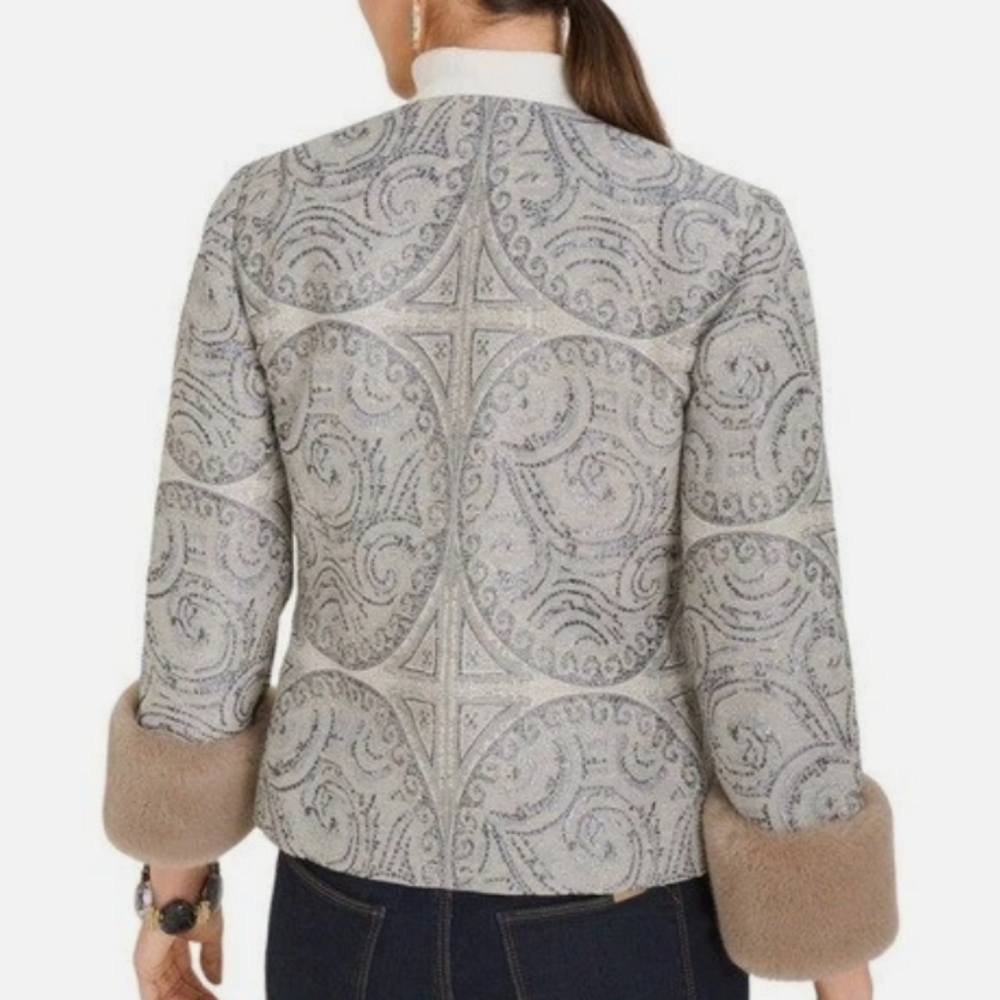 Chico's Convertible Faux Fur Cuff Jacquard Jacket In Grey/Blue - Picture 2 of 10
